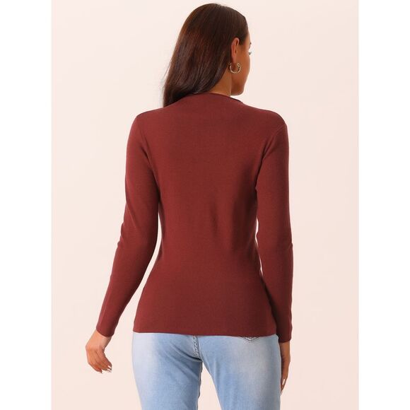 Fall Winter Long Sleeve Ribbed Knit Slim Fit Pullover Sweater Top Wine Red - Picture 4 of 5